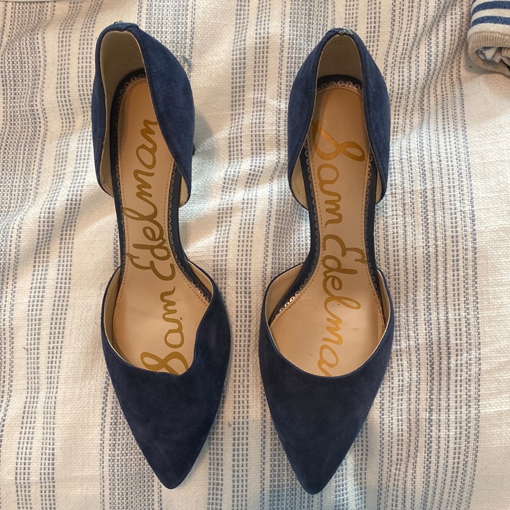 Navy blue faux suede pumps